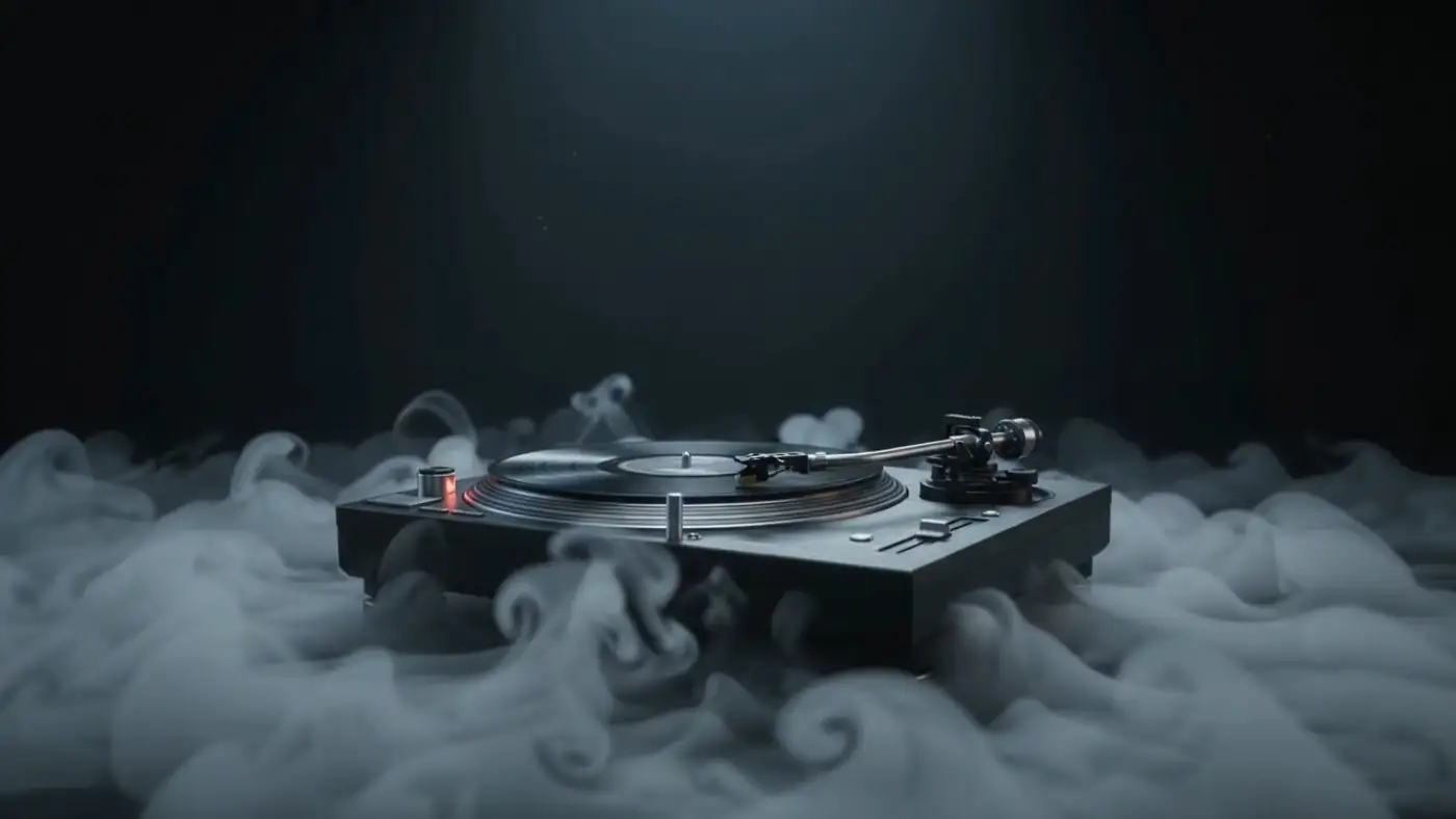 A turntable resting in smoke